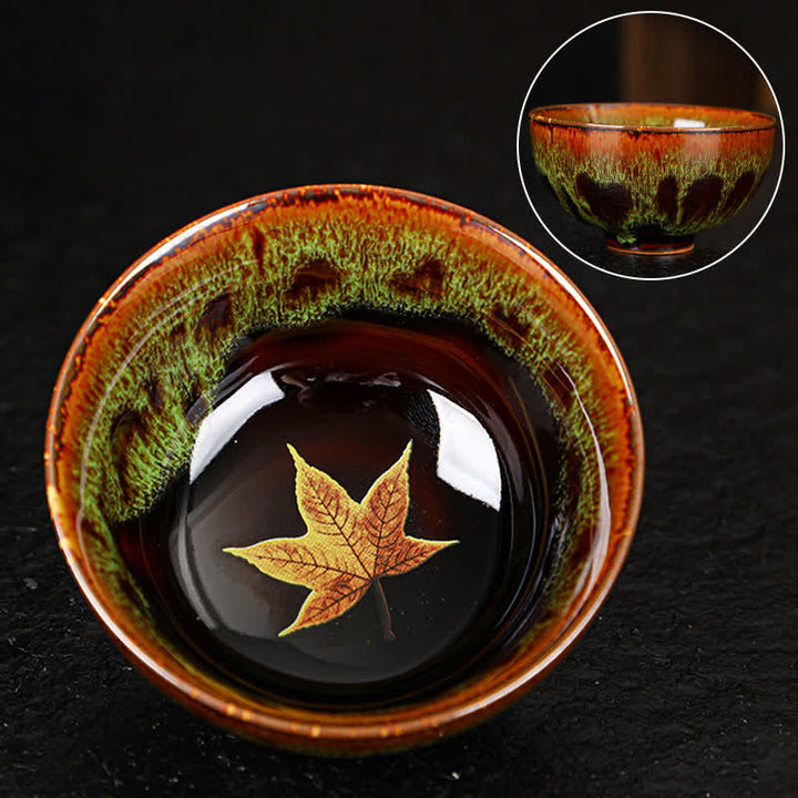 Buddha Stones Maple Leaf Colorful Ceramic Teacup Home Tea Cups - 8.5cm*4.5cm*120ml - Green - image 26