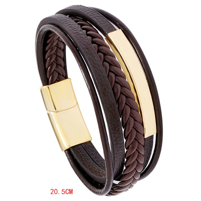 Buddha Stones Simple Design Titanium Steel Leather Luck Bracelet - Brown - 20.5cm - image 0