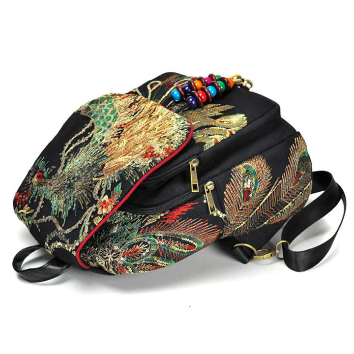 Buddha Stones Peacock Embroidery Canvas Tassel Backpack - image 4