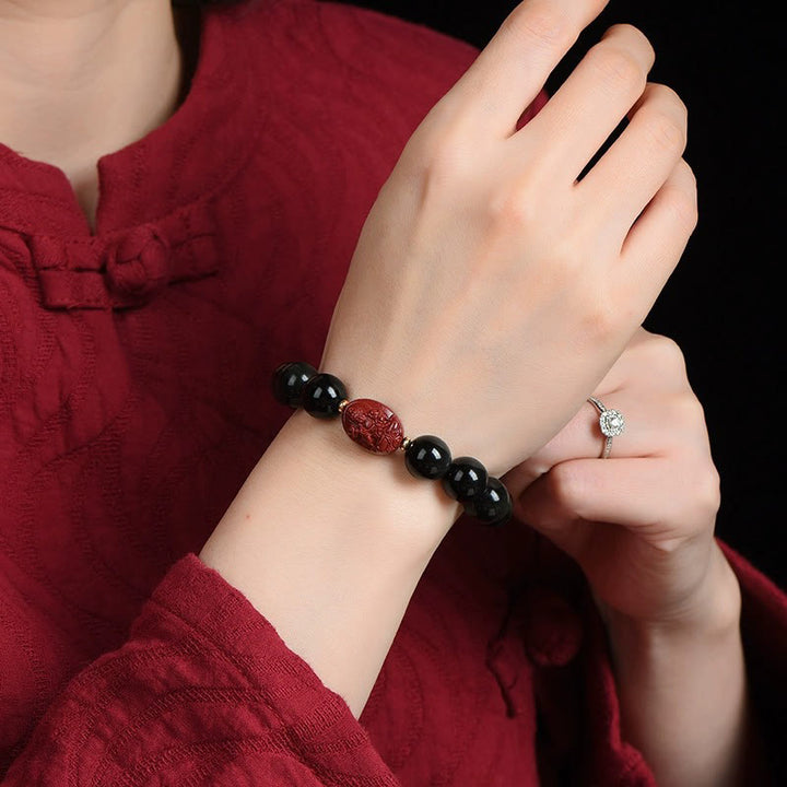 Buddha Stones Chinese Zodiac Natal Buddha Natural Black Obsidian Cinnabar Purification Bracelet - image 15