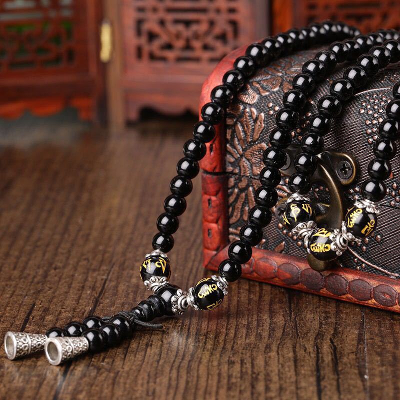 Buddha Stones Black Obsidian Six True Words Protection Mala Bracelet - image 3
