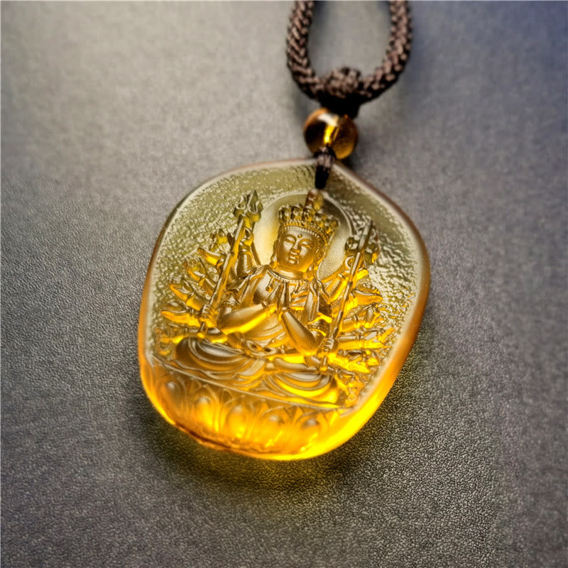 Buddha Stones Chinese Zodiac Natal Buddha Blessing Liuli Crystal Compassion Necklace Pendant - Rat-Thousand-armed Avalokitesvara(Pendant Size: About 4.5*3.8*1cm) - image 2