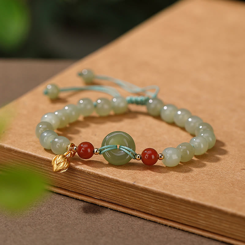 Buddha Stones 925 Sterling Silver Natural Hetian Jade Peace Buckle Red Agate Luck Bracelet - Hetian Jade(Prosperity♥Abundance) - image 0