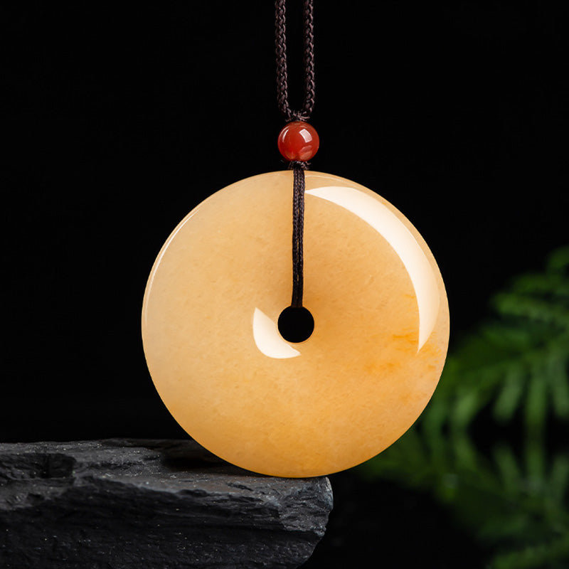 Buddha Stones Round Golden Silk Jade Peace Buckle Wealth Pendant Necklace - Golden Silk Jade (Ward off evil spirits ♥ Wealth) - image 0
