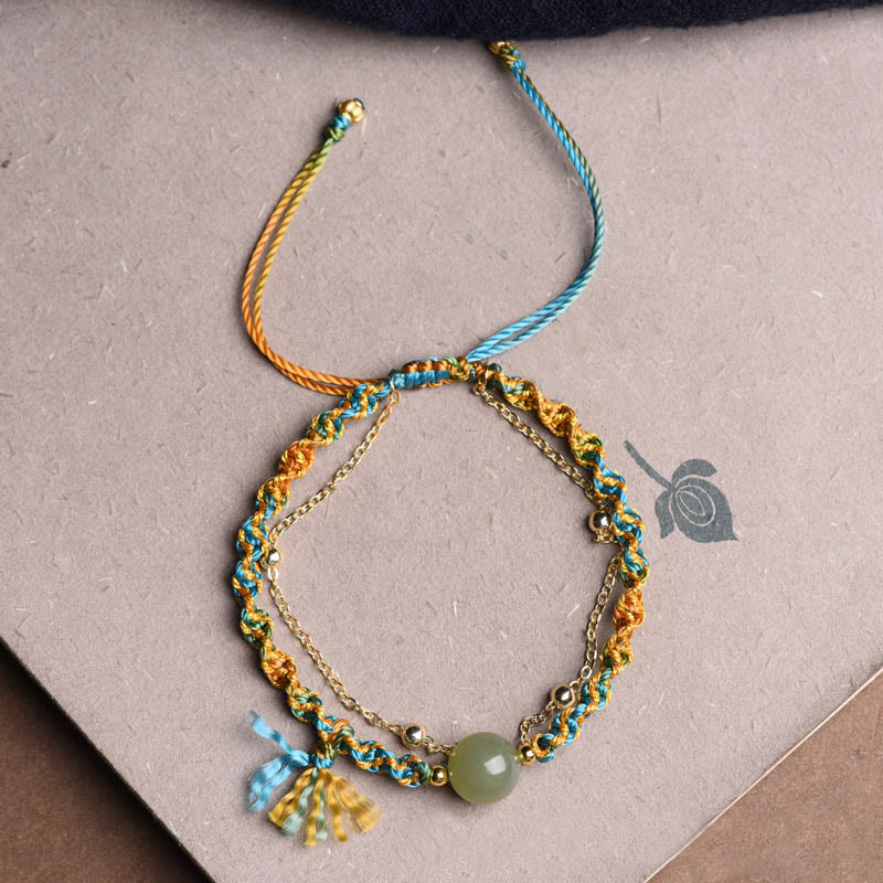Buddha Stones Handmade Colorful Rope Luck Jade Bead Abundance Double Layer Bracelet - image 7