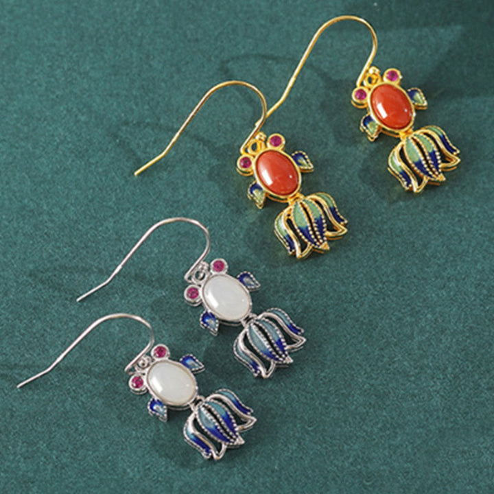 925 Sterling Silver Hetian White Jade Red Agate Cute Fish Happiness Drop Earrings - image 9