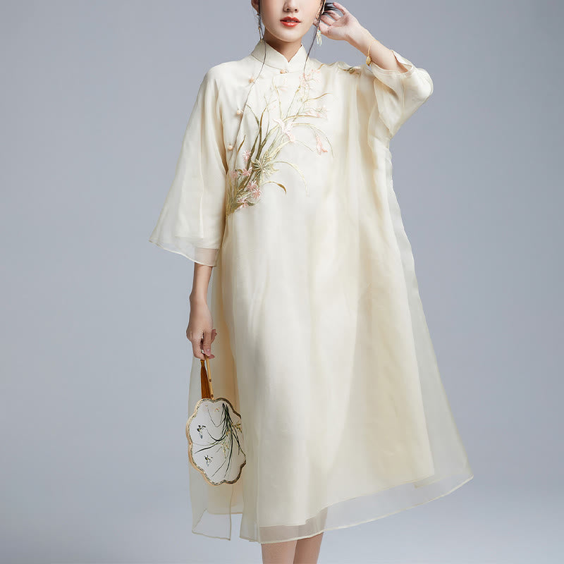 Buddha Stones 100% Mulberry Silk 6 Momme Dress Vintage Flower Butterfly Embroidery Qipao Dress Women's Cheongsam Dress - image 2