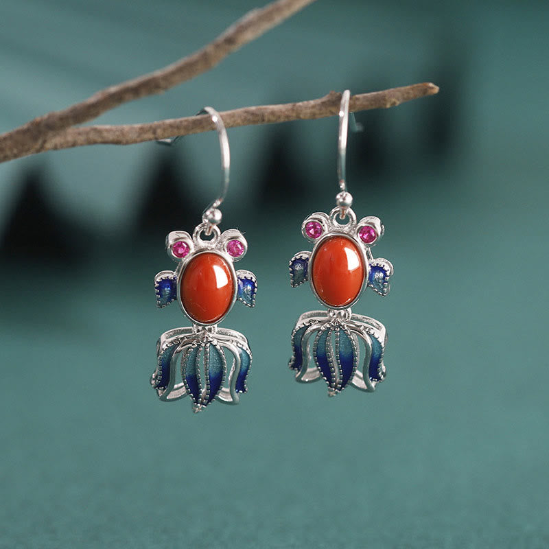 925 Sterling Silver Hetian White Jade Red Agate Cute Fish Happiness Drop Earrings - Silver - Red Agate(Confidence♥Calm) - image 6