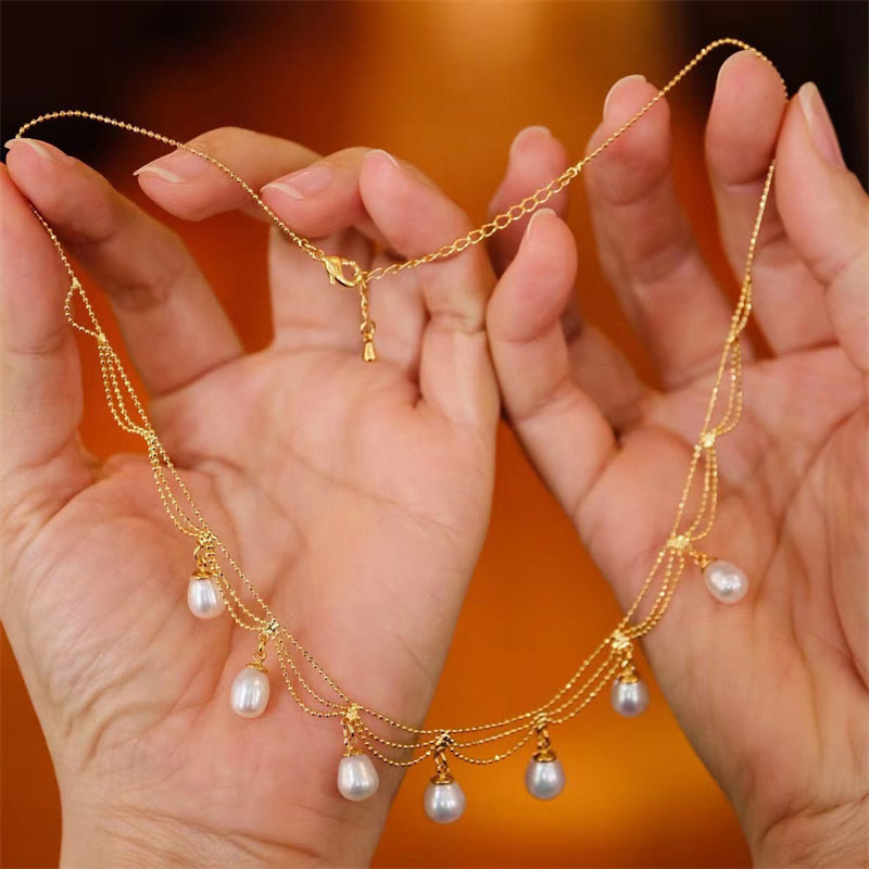 Vintage 14K Gold Plated Pearl Bead Healing Multilayer Necklace Pendant - image 5