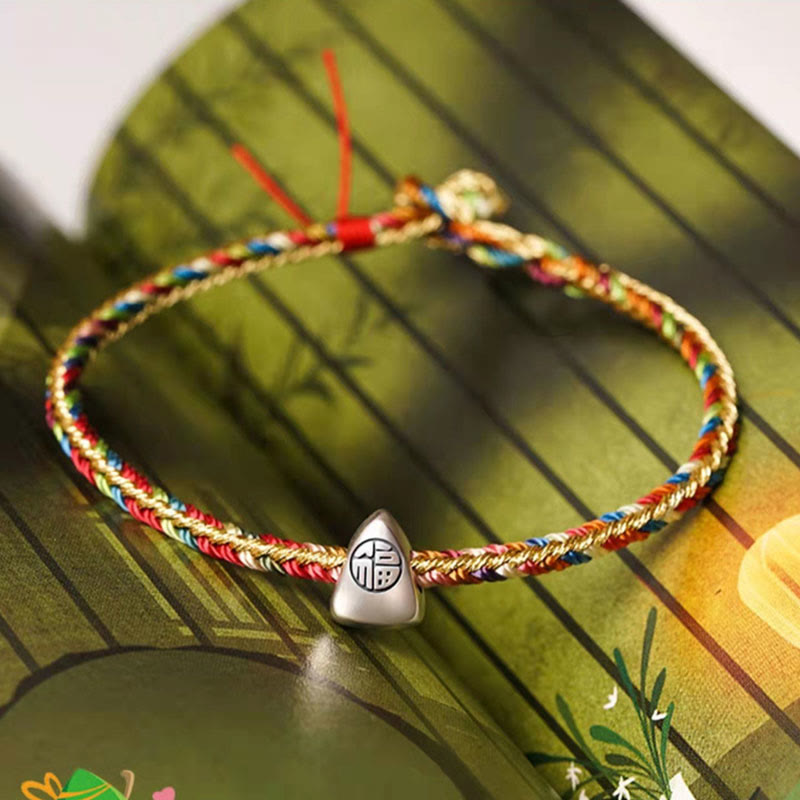 Buddha Stones 925 Sterling Silver Fu Character Zongzi Pattern Multicolored String Luck Handmade Braided Bracelet - image 1