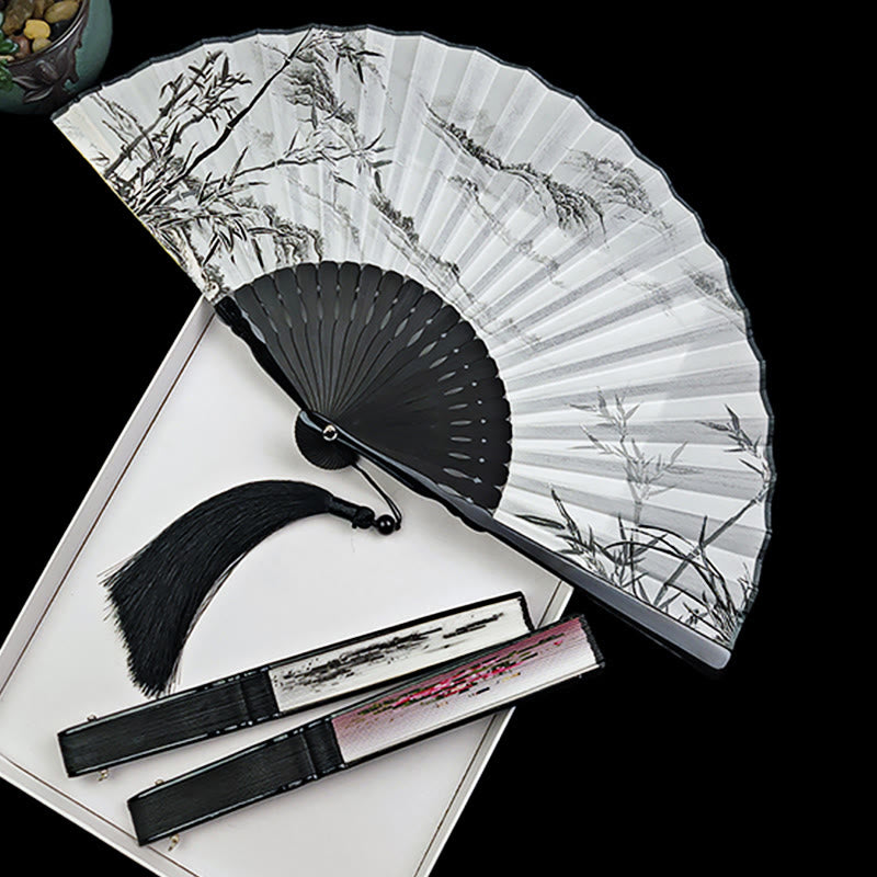 Buddha Stones Vintage Bamboo Peony Butterfly Lotus Handheld Silk Folding Fan With Bamboo Frames - image 2