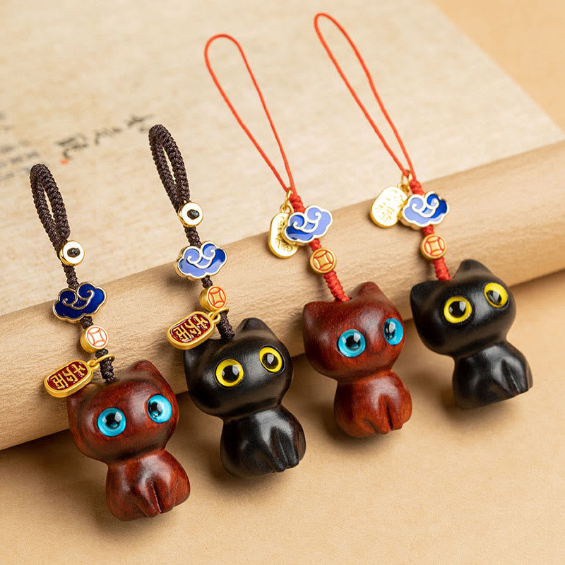 Buddha Stones Small Leaf Red Sandalwood Ebony Wood Lucky Cat Protection Key Chain Phone Hanging Decoration - image 1
