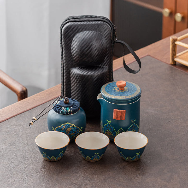 Buddha Stones Flower Chinese Gongfu Ceramic Teapot Portable Outdoor Travel Tea Set Bag - Cyan - 1 Teapot+3 Cups+1 Small Bag+1 Tea Can - image 10