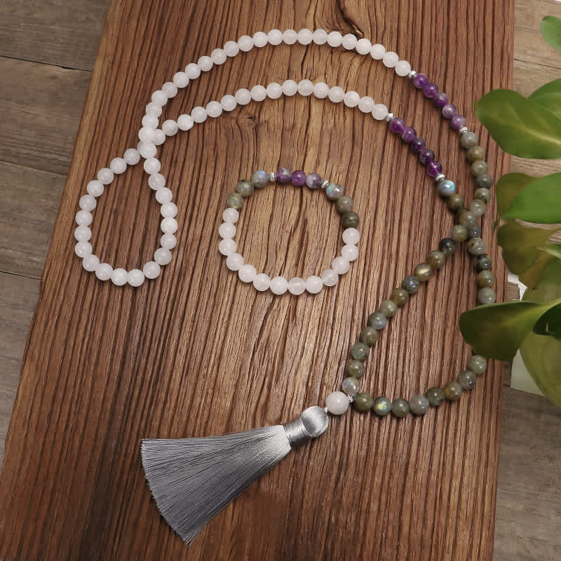 Buddha Stones 108 Mala Beads White Agate Amethyst Black Glitter Stone Protection Bracelet - image 1