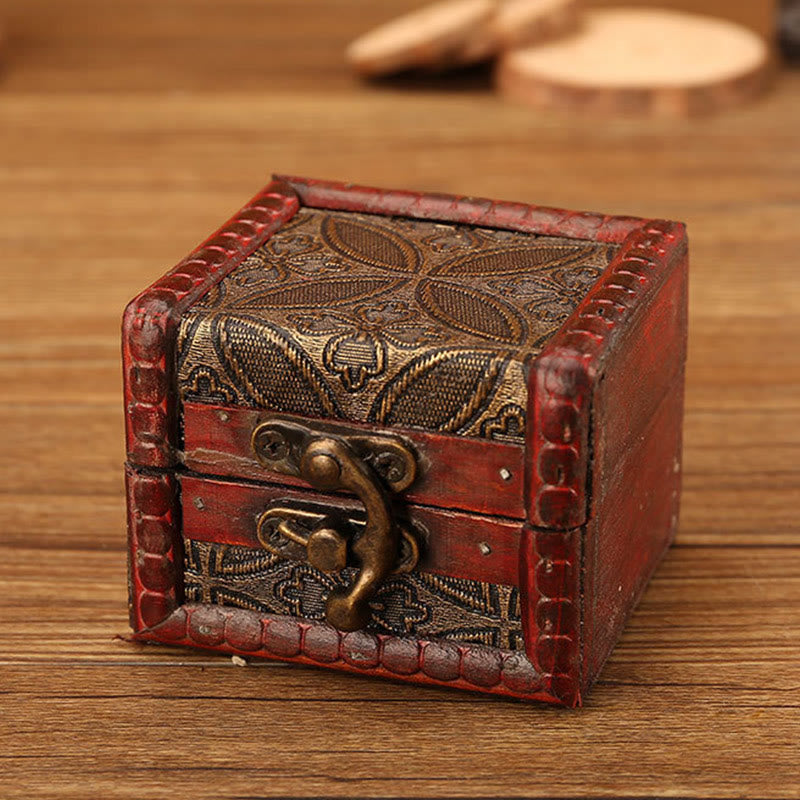 Buddha Stones Retro Small Square Wood Jewelry Box Lotus Grass Flower Grape Copper Coin Daffodil Jewelry Storage Box - Copper Coin 8*6.5*6cm - image 18