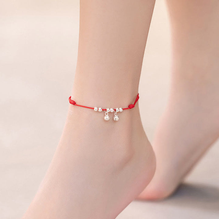 Buddha Stones 925 Sterling Silver Red String Braid Bell Charm Anklet - image 5
