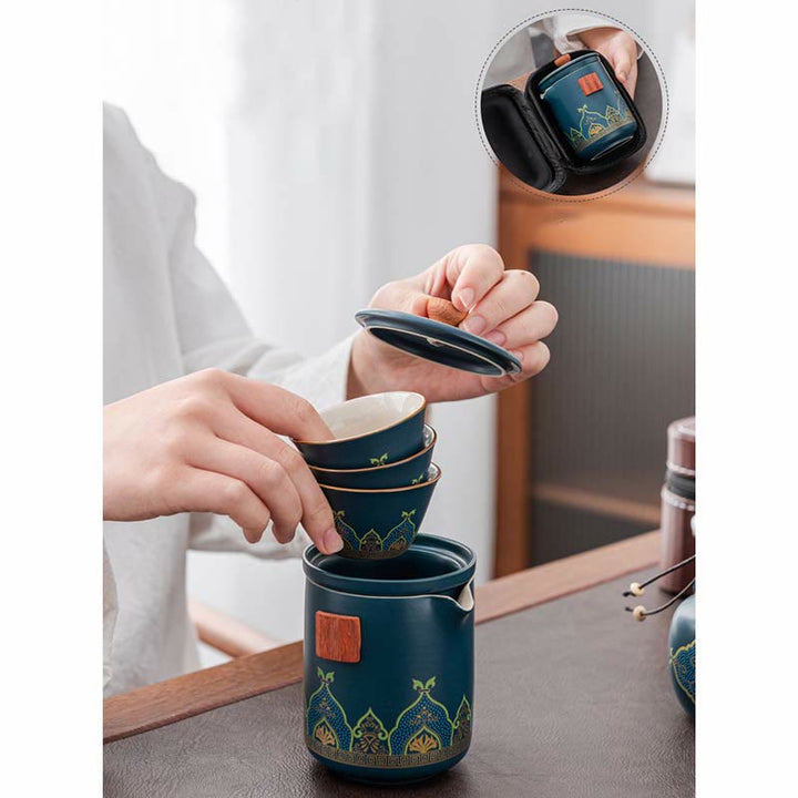 Buddha Stones Flower Chinese Gongfu Ceramic Teapot Portable Outdoor Travel Tea Set Bag - image 9