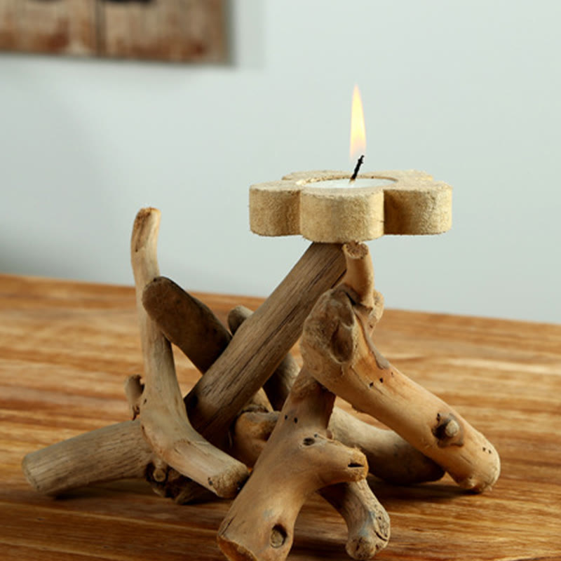 Buddha Stones Flower Pattern Wood Candlestick Home Candle Holder Decoration - image 2