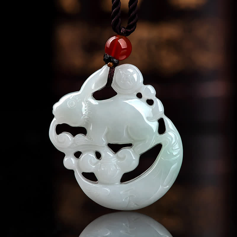 Year of the Rabbit White Jade Crescent Moon Protection Necklace Pendant - image 1