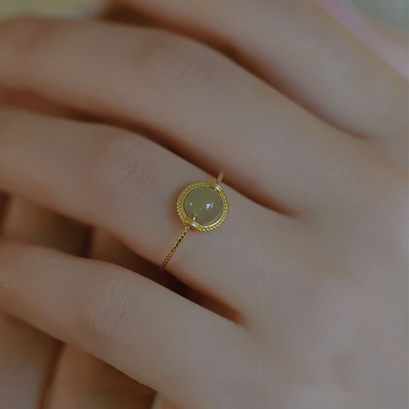 Buddha Stones 14K Gold Plated Round Jade Luck Prosperity Adjustable Ring - image 7