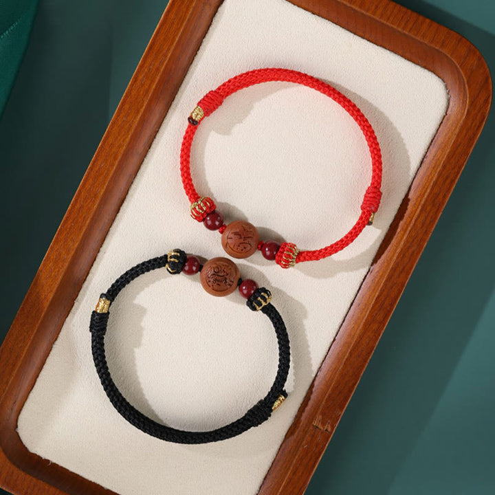 Buddha Stones Natural Peach Wood Chinese Zodiac Fu Character Carved Cinnabar Wealth Bracelet - image 14