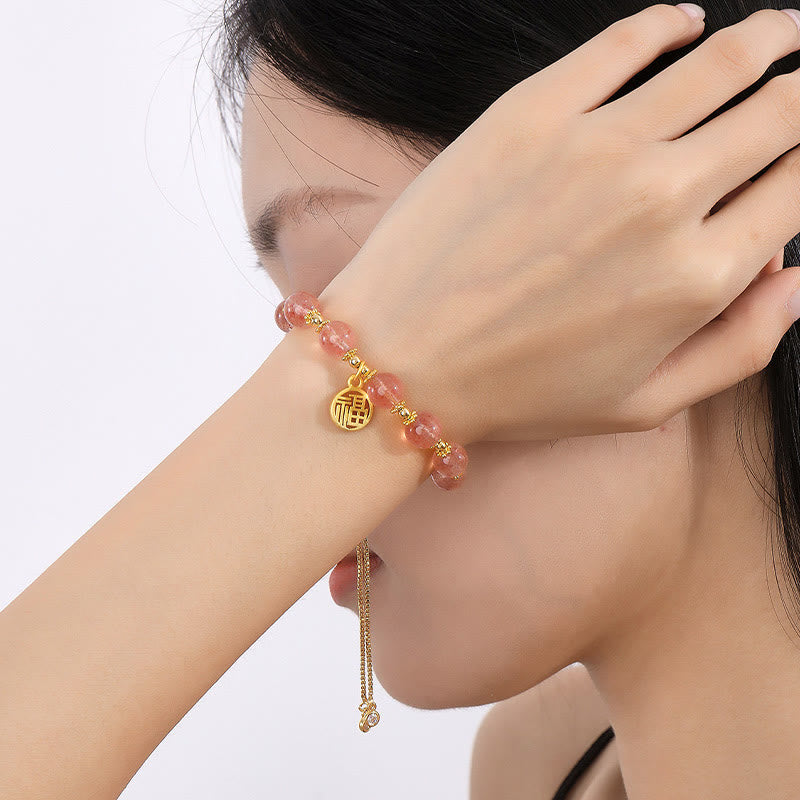 Buddha Stones 14K Gold Plated Natural Strawberry Quartz Fu Character Positive Charm Bracelet - image 6