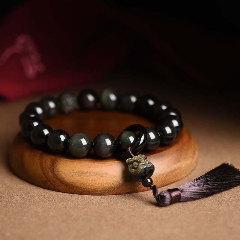 Buddha Stones Natural Black Obsidian Lion Wrist Mala Protection Tassels Pocket Mala Car Decoration - Black Obsidian&Lion - image 0