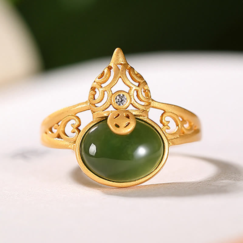 Buddha Stones Gourd Cyan Jade Copper Coin Success Luck Adjustable Ring - image 5