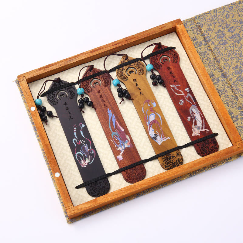 Buddha Stones 4Pcs Four Seasons Plum Orchid Bamboo Chrysanthemum Peking Opera Mask Wood Bookmarks With Gift Box - 4Pcs Fairy Flying To The Sky - image 19