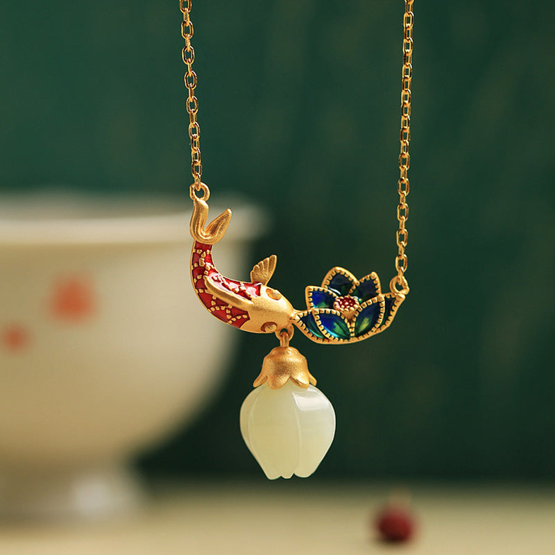 Buddha Stones White Jade Koi Fish Lotus Copper Protection Necklace Pendant - White Jade(Protection ♥ Happiness) - image 0