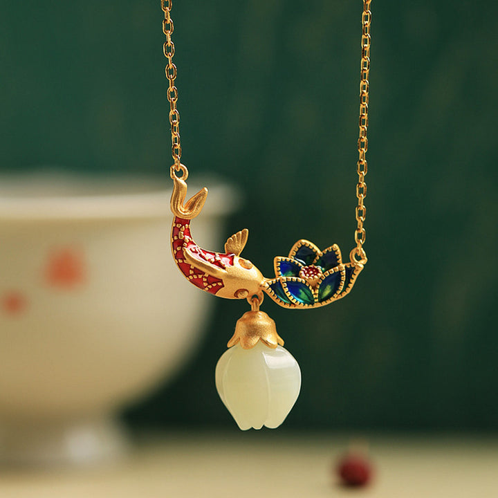 Buddha Stones White Jade Koi Fish Lotus Copper Protection Necklace Pendant - White Jade(Protection ♥ Happiness) - image 0