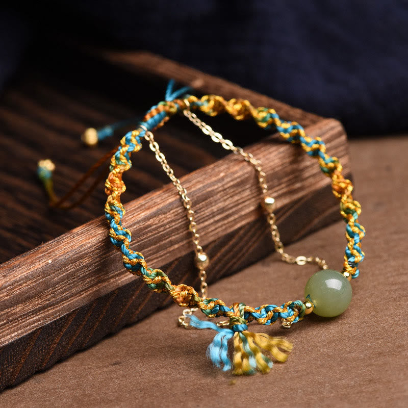 Buddha Stones Handmade Colorful Rope Luck Jade Bead Abundance Double Layer Bracelet - image 1