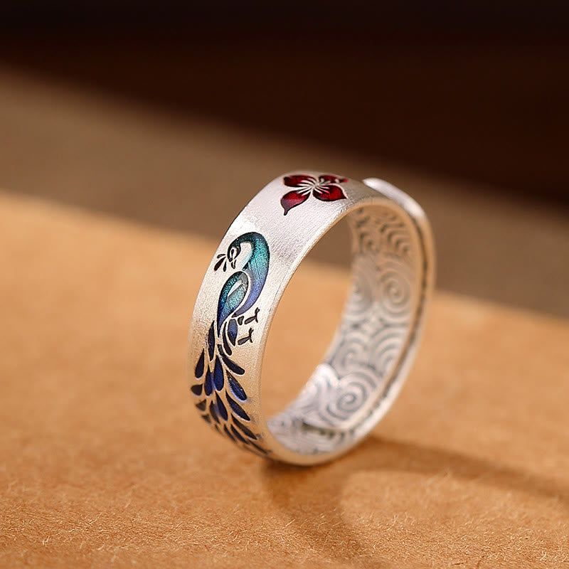 Buddha Stones 999 Sterling Silver Peacock Auspicious Clouds Engraved Lotus Flower Fortune Ring - image 2