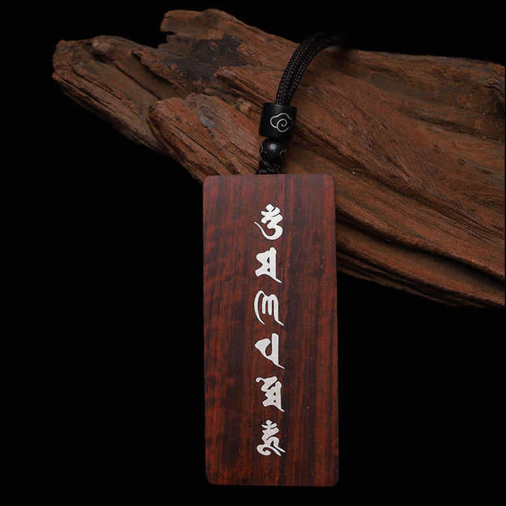 Buddha Stones 999 Sterling Silver Small Leaf Red Sandalwood Ebony Wood Om Mani Padme Hum Inlaid Protection Necklace Pendant - image 2