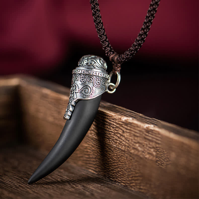925 Sterling Silver Black Obsidian Wolf Tooth Pattern Strength Necklace Pendant - Black Obsidian (Purification ♥ Transformation) - image 0