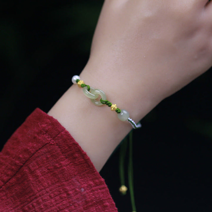 Buddha Stones 925 Sterling Silver Hetian Jade Double Peace Buckle Luck Braided Bracelet - image 5