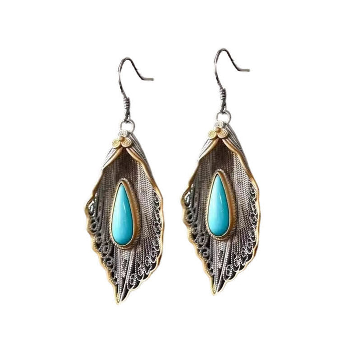 Buddha Stones 925 Sterling Silver Turquoise Bodhi Leaf Pattern Protection Drop Dangle Earrings - image 16