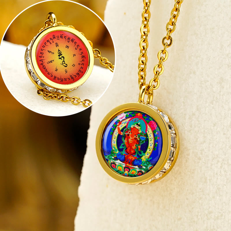 Buddha Stones Tibetan Yellow God Of Wealth Green Tara Buddha Serenity Titanium Steel Necklace Pendant - Front Manjushri Bodhisattva Back Mantra - image 17