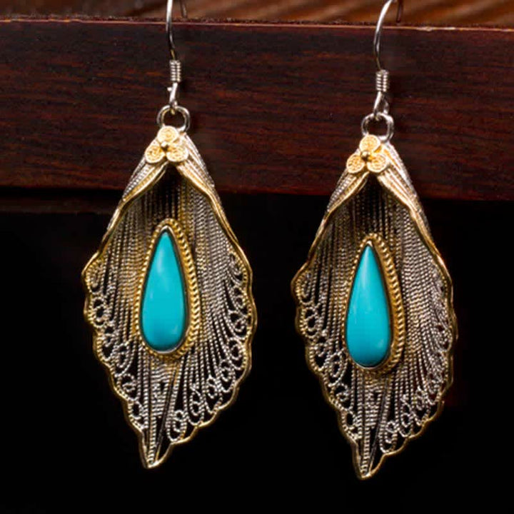 Buddha Stones 925 Sterling Silver Turquoise Bodhi Leaf Pattern Protection Drop Dangle Earrings - image 6
