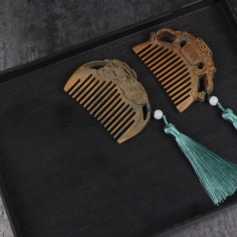 Green Sandalwood Fox Peony Flower Lotus Engraved Cure Tassel Comb - image 12