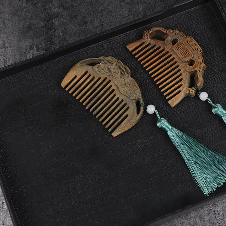 Green Sandalwood Fox Peony Flower Lotus Engraved Cure Tassel Comb - image 12