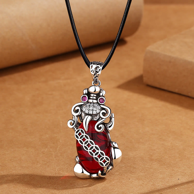 Buddha Stones PiXiu Garnet Copper Coin Wealth Luck Necklace Pendant - PiXiu&Leather Rope - image 5