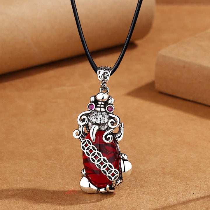 Buddha Stones PiXiu Garnet Copper Coin Wealth Luck Necklace Pendant - PiXiu&Leather Rope - image 5