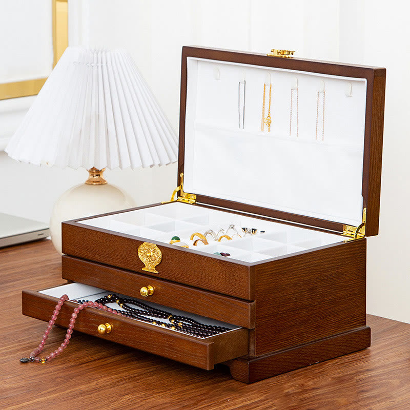 Buddha Stones Retro Wooden Jewelry Box Three-Layer Jewelry Storage Box - image 3