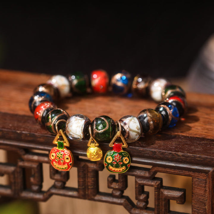 Buddha Stones Five Elements Gold Swallowing Beast Family Charm Liuli Glass Bead Luck Bracelet - Liuli Glass Bead&Flat Red Green Gold Swallowing Beast Family - 14mm(15 Beads) - image 7