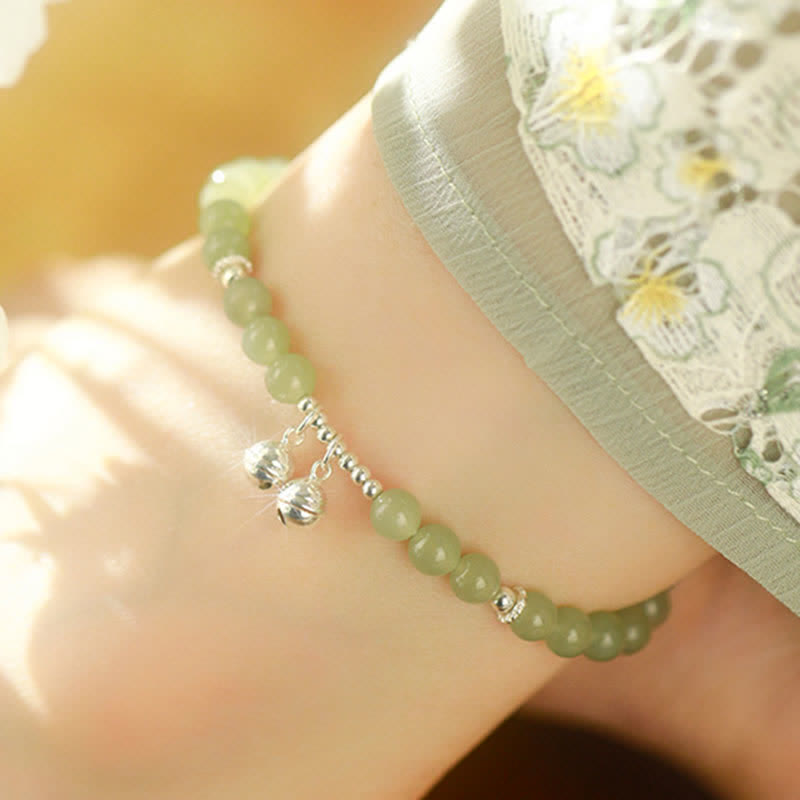 925 Sterling Silver Natural Hetian Jade Prosperity Bell Charm Anklet - image 3