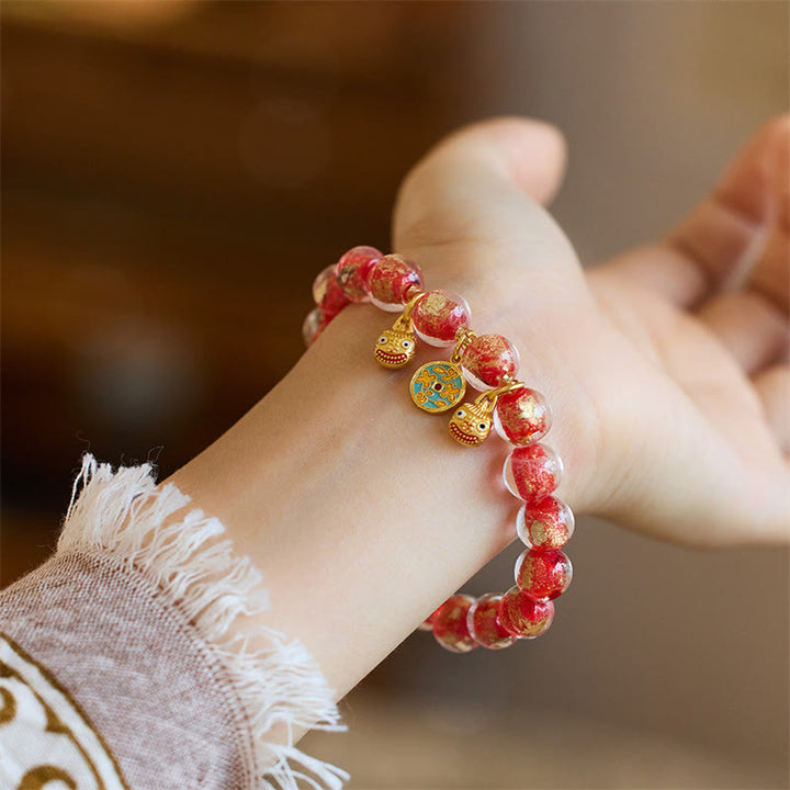 Buddha Stones Gold Swallowing Beast Copper Coin Good Luck Charm Liuli Glass Bead Fortune Bracelet - Red Liuli Glass Bead(Wrist Circumference 14-16cm) - image 6