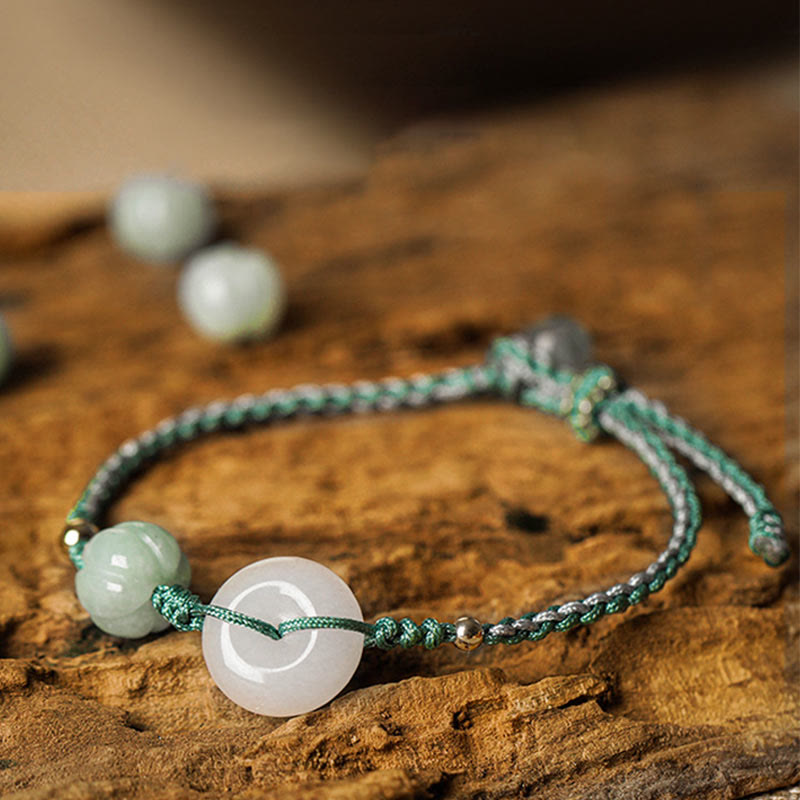 Buddha Stones White Jade Peace Buckle Pumpkin Bead Luck Blessing Braided Bracelet - 13-16cm - image 0