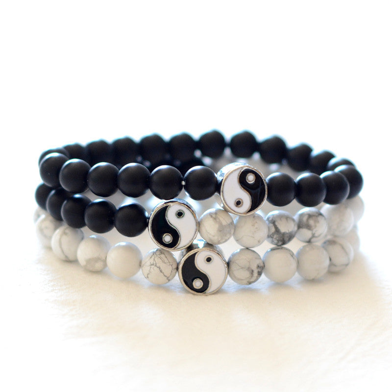 Buddha Stones 3pcs Natural White Turquoise Frosted Stone Bead Yin Yang Wealth Bracelet - White Turquoise&Frosted Stone - image 0