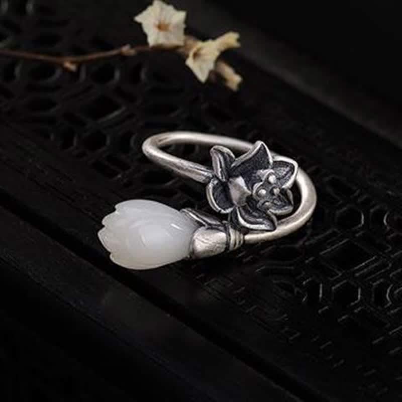 Buddha Stones Jade Lotus Copper Balance Healing Adjustable Ring - image 1